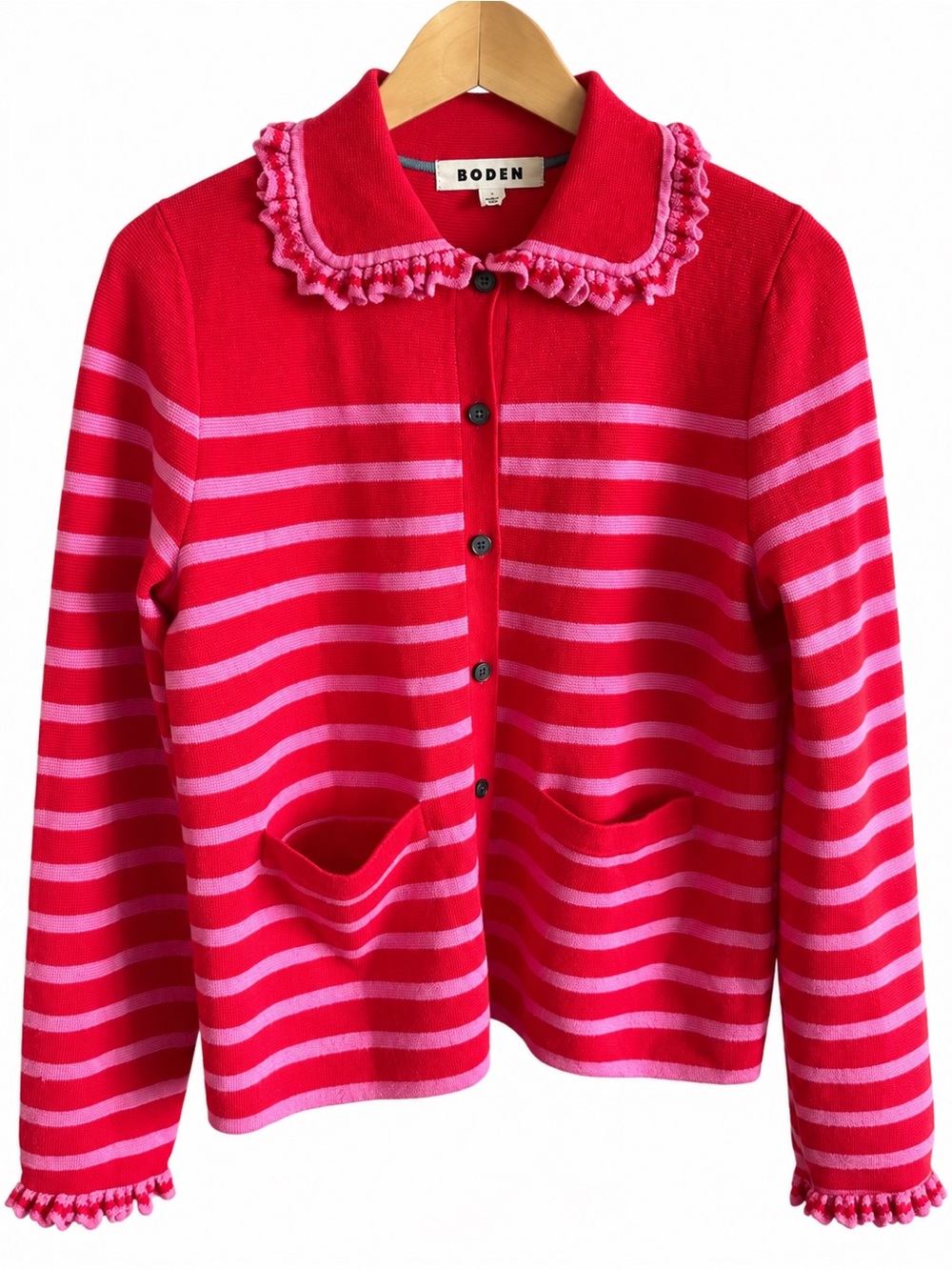 Boden Red & Pink Striped Ruffle Collar Cardigan Sweater Size S NWOT Wool Cotton